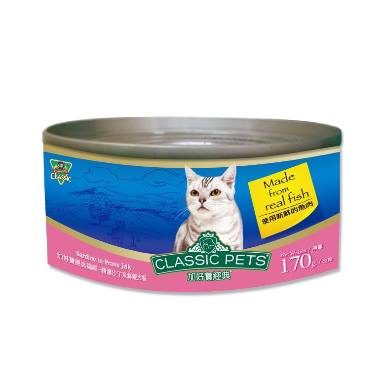 加好寶經典貓罐 - 精選沙丁魚鮮蝦大餐
CLASSIC PETS CANNED CAT FOOD-SARDINE IN PRAWN JELLY 170G