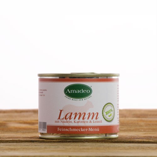 阿瑪德羊肉主食罐, 200g
Amadeo Complete Food for Dogs, Lamb with noodles, carrots and linseed oil, 200g