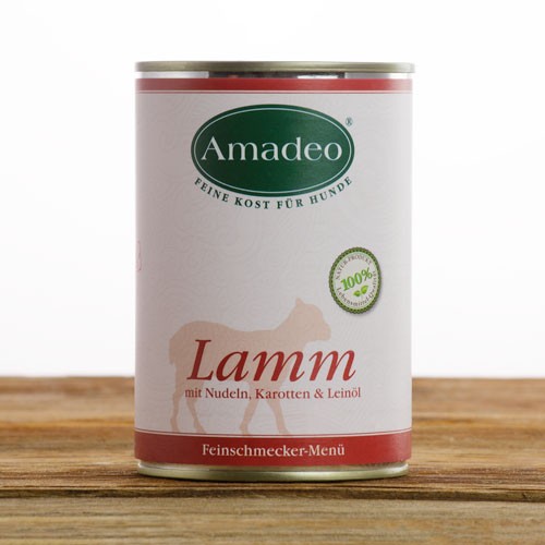 阿瑪德羊肉主食罐, 400g
Amadeo Complete Food for Dogs, Lamb with noodles, carrots and linseed oil, 400g