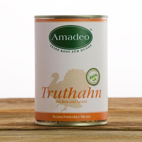 阿瑪德火雞肉主食罐, 400g
Amadeo Complete Food for Dogs, Turkey with rice and linseed oil, 400g