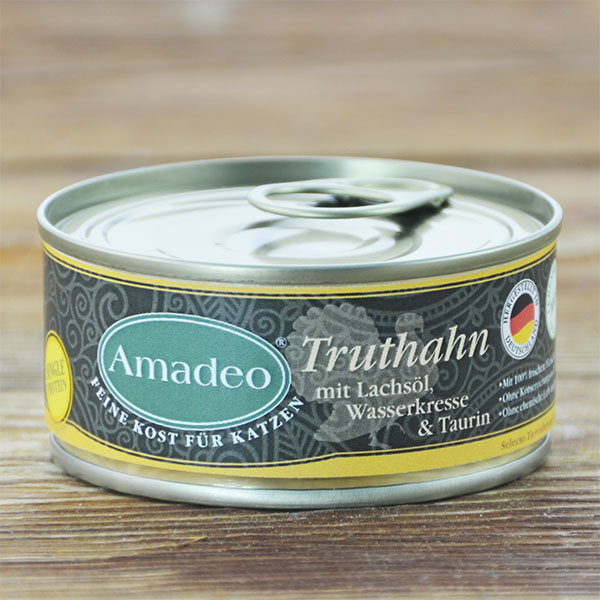 阿瑪德火雞肉主食罐, 100g
Amadeo Turkey with Salmon Oil, Watercress and Taurin 100g