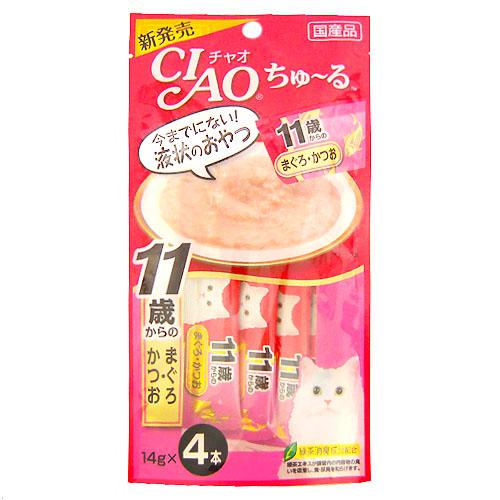 日本CIAO 啾嚕肉泥11歲老貓---鰹魚+鮪魚 14g x 4袋 (SC-74)