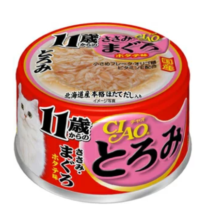 11歲以上貓專用鷄肉、鰹魚、干貝口味
INABA CHAO TOROMI over 11Years Sasami, Tuna A-46