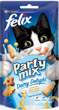 FELIX® Party Mix™貓脆餅 奶香派對（牛奶巧達起司風味）
PURINA® FELIX® Party Mix™ Dairy Delights Cat Treats Milk and Cheddar Cheese Flavours